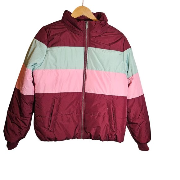 Gianni Bini Colorblock Puffer Coat L Burgundy Pink Mint Y2K Après-Ski Streetwear - Picture 3 of 10